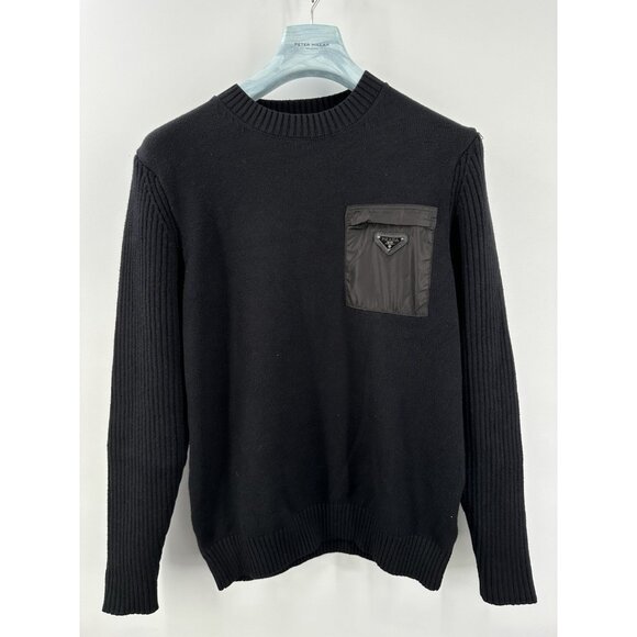 Prada Black Ribbed Knit Sweater with Nylon Pocket & Metal Logo – Size L (X7)